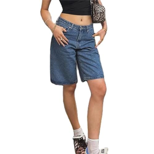 Raruxxin Women's Y2K Wide Leg Low Waist Cargo Jean Shorts with Pockets — B Vintage Dark Blue