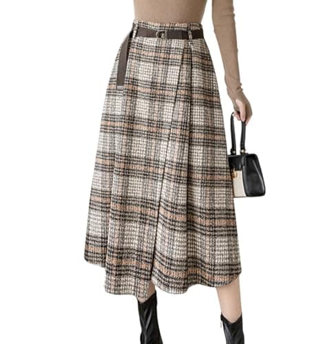 Chouyatou Women's Vintage Plaid Houndstooth Midi Skirt with Belt — Khaki