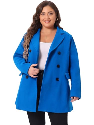 Agnes Orinda Plus Size Notched Lapel Double Breasted Long Coat — Royal Blue