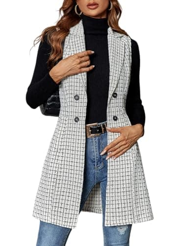 GORGLITTER Women's Plaid Sleeveless Long Vest Cardigan Blazer