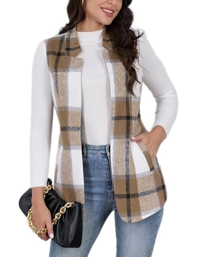 Plaid Wool Vest for Women: Casual Fall/Winter Sleeveless Blazer — Khaki
