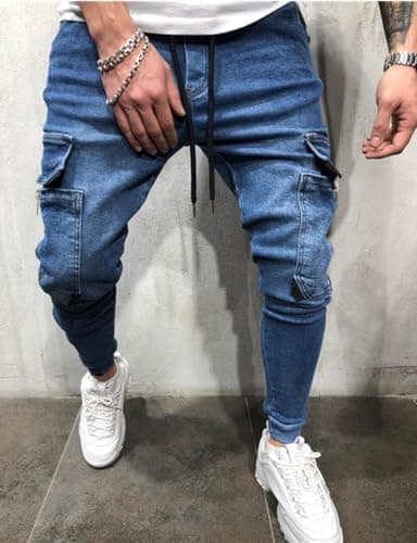 Slim Fit Drawstring Cargo Jeans for Men