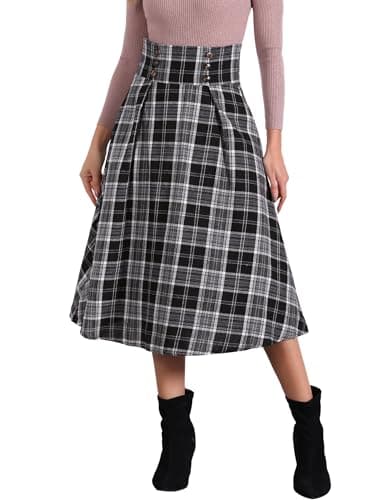 Allegra K Women's High Elastic Waist Tartan Midi Skirt — Black