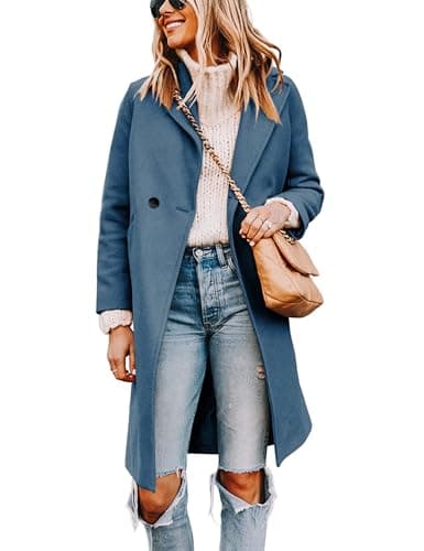 Tanming Women's Mid-Length Wool Blend Notch Lapel Trench Coat — Blue