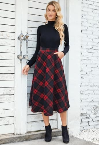 HERBATOMIA Women's High-Waist Casual Pleated Midi Skirt with Pocket