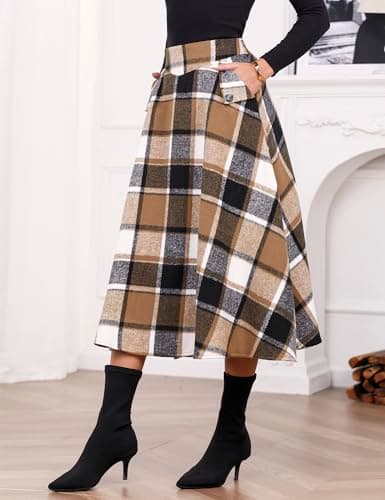 Women's High Waisted Wool Plaid A-line Skirt for Fall/Winter