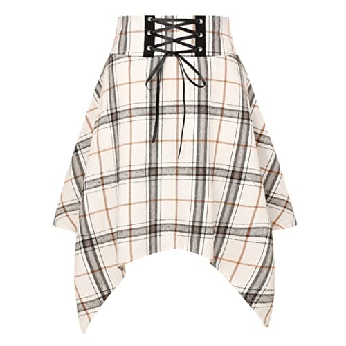 IDEALSANXUN High Waisted Plaid A-Line Asymmetrical Lace-Up Short Skirt for Women — Beige