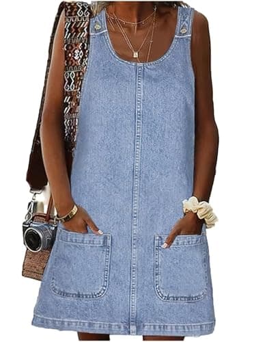 HUEOBIR Denim Overall Dress for Women Round Neck Skirtall Jean — Mid Blue