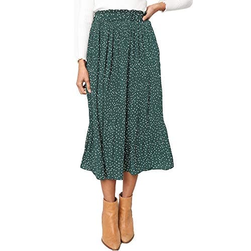 EXLURA Women's High Waist Pleated Polka Dot Maxi Midi Skirt with Pockets — Green