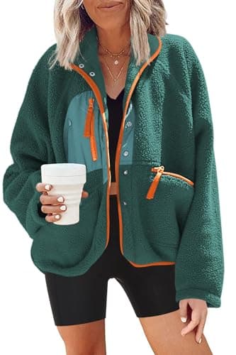 Nirovien Women's Fuzzy Fleece Button Down Sherpa Coat Winter Warm Coat — Teal Orange