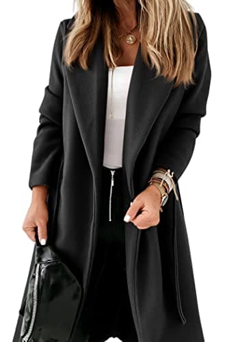 Ladiyo Women's Classic Open Front Belted Long Coat — Black