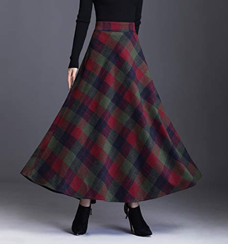 Biilyli Women's Elegant Plaid Wool High-Waisted Maxi Skirt