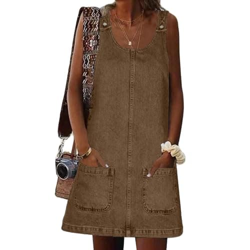 HUEOBIR Denim Overall Dress for Women Round Neck Skirtall Jean — Denim Coffee