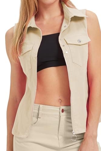 LIYEZ Women's Sleeveless Denim Vest with Pockets and Zipper — Color 4 Light Khaki