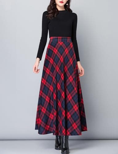 SUNYUESTAR Warm Elastic Plaid A-Line Long Skirt for Women
