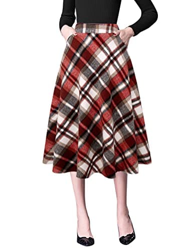 Women's High Waist Wool A-line Midi Skirt — Wine