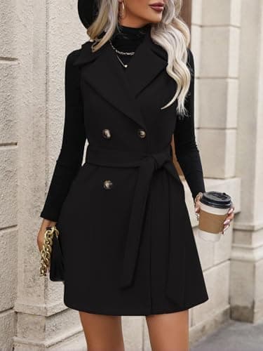IDEALSANXUN Women's Long Wool Vest Trench Coat Belted Fall Winter Jacket