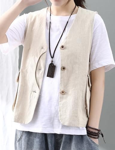 IDEALSANXUN Women's Linen Sleeveless Vest Blazer Jackets