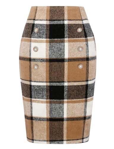 Women's Plaid Wool Pencil Skirt for Fall and Winter — Brown New