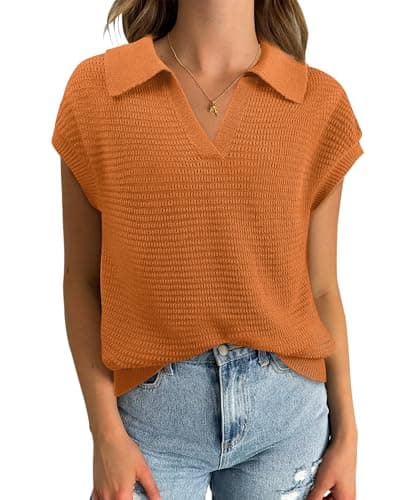 Hollow Out Cap Sleeve V Neck Sleeveless Sweater Vest for Women — Pumpkin-orange