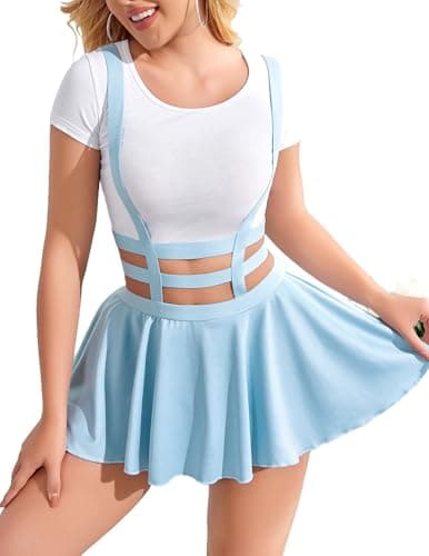 Avidlove Women's Sexy A-Line Suspender Skirt with Pleated Short Braces — Light Blue