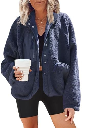 Nirovien Women's Fuzzy Fleece Button Down Sherpa Coat Winter Warm Coat — Navy