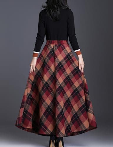 SUNYUESTAR Women's Warm Wool A-Line Plaid Skirt