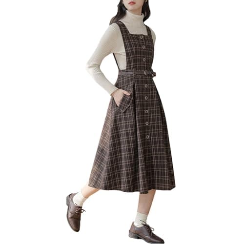 Cuteighteen Wool Midi Plaid Belted Dress with Pocket Fall Winter