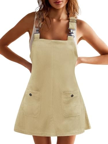COCCKO Women's Adjustable Strap Corduroy Overall Mini Dress with Pockets Summer Fashion — Camel