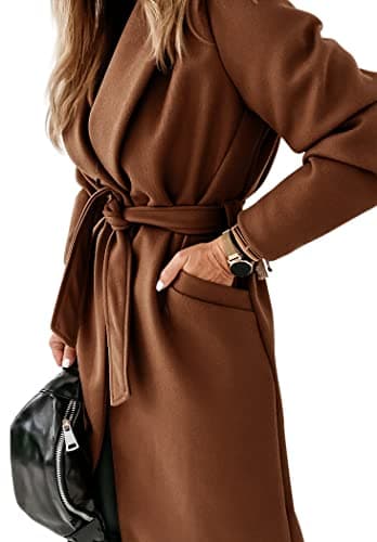 Ladiyo Women's Classic Open Front Belted Long Coat