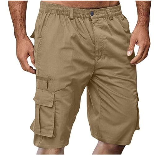 2024 Men's Elastic Waist Cargo Shorts Loose & Multi Pockets — A08_khaki