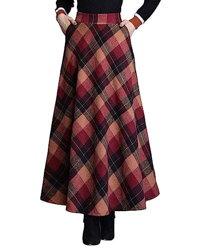 Vintage High Waist Wool Blend Plaid A-Line Maxi Skirt for Women — Red