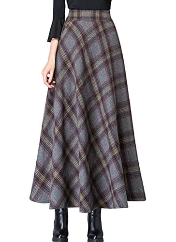 Vintage High Waist Wool Blend Plaid A-Line Maxi Skirt for Women — Plaid Grey