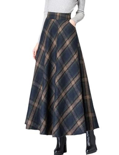 SUNYUESTAR Women's Warm Elastic Waist Wool A-Line Pleated Winter Skirt — Dark Blue