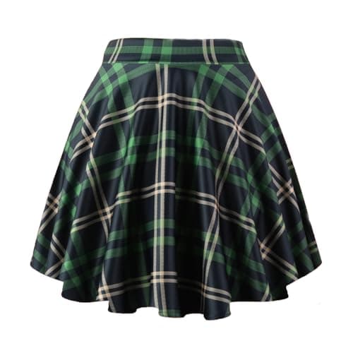 Women's Mini Flared A-Line Stretchy Party Skirts with Shorts — Green Plaid