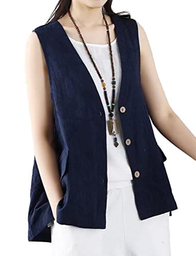 Cotton Linen Sleeveless Vest Women Fashion Casual Blazer — Dark Blue