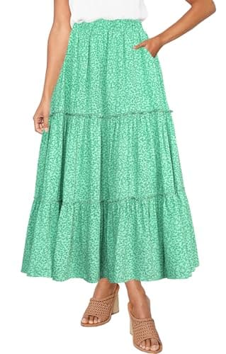 Afibi Women's High Waist A-Line Ruffle Swing Maxi Skirt with Pockets — Green Flower