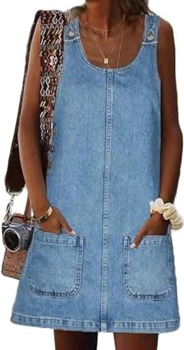 HUEOBIR Denim Overall Dress for Women Round Neck Skirtall Jean — Blue