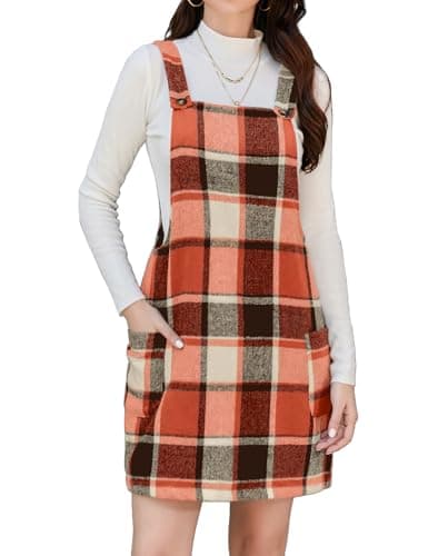 Plaid Overall Dress for Women: Fall/Winter Pinafore Jumper — Orange