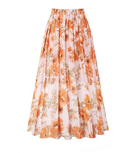 Chic Women's Chiffon Pleated A-Line Midi Skirt — Orange Pink