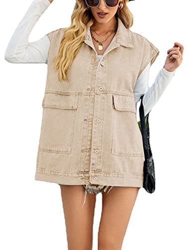 PAODIKUAI Women's Oversized Distressed Denim Vest Jackets — A-khaki
