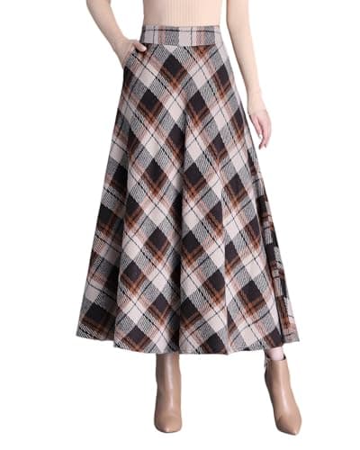 Womens Long Wool Plaid High Waist Flared Skirt Winter Warm — Khaki