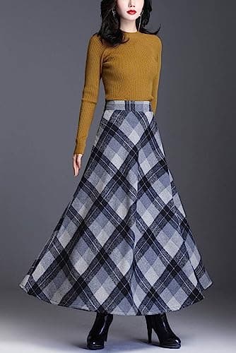 Vintage High Waist Wool Blend Plaid A-Line Maxi Skirt for Women