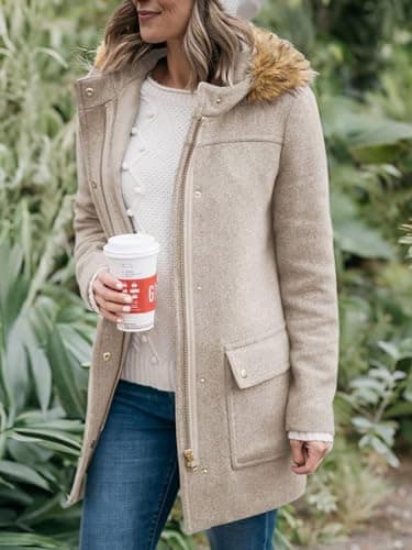Shanfetl Women's Mid-Length Pea Coats with Faux Fur Hood