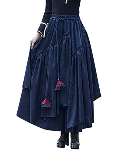 IDEALSANXUN Womens High Waist Flared Corduroy Pleated Long Skirts — Navy