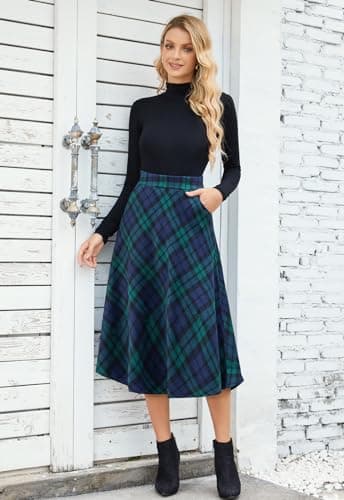 HERBATOMIA Women'sVintagePlaidMidiSkirtwithPocketWinterWarm