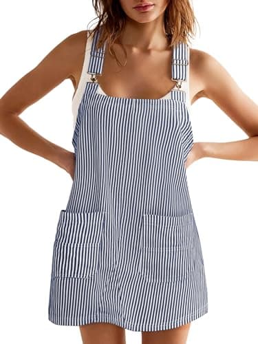 Yousify Women's Casual Striped Denim Overalls Sleeveless Dress with Pockets — Navy Blue