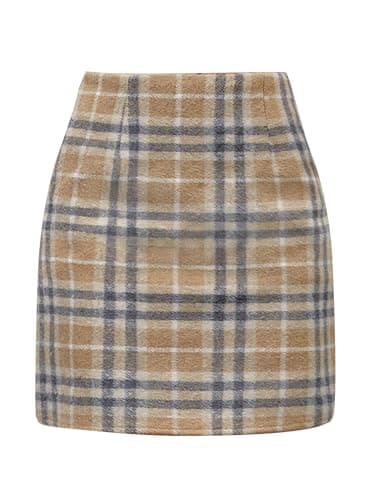 Scacto Women's High-Waisted Zipper Side Plaid Mini Skirt — Khaki
