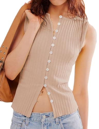IDEALSANXUN Ribbed Button-Up Tank Tops for Women Y2K Cute Summer Tops — Khaki
