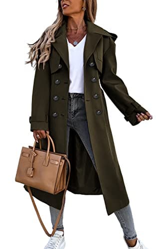 Fisoew Women's Classic Double Breasted Trench Coat with Belt and Pockets — Green